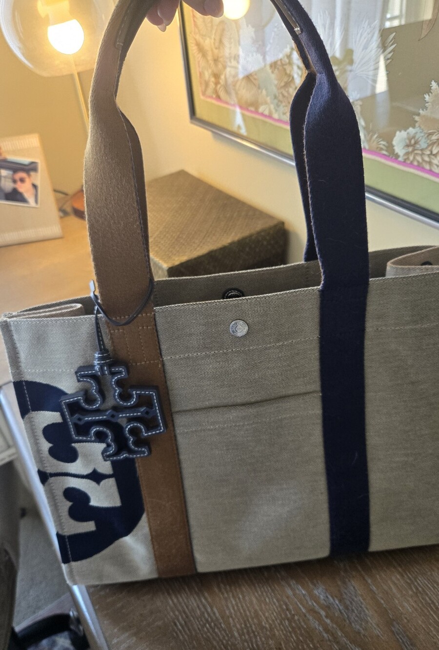 Tory Burch Ella Canvas Logo Tote Natural Navy Tan Double T Bag